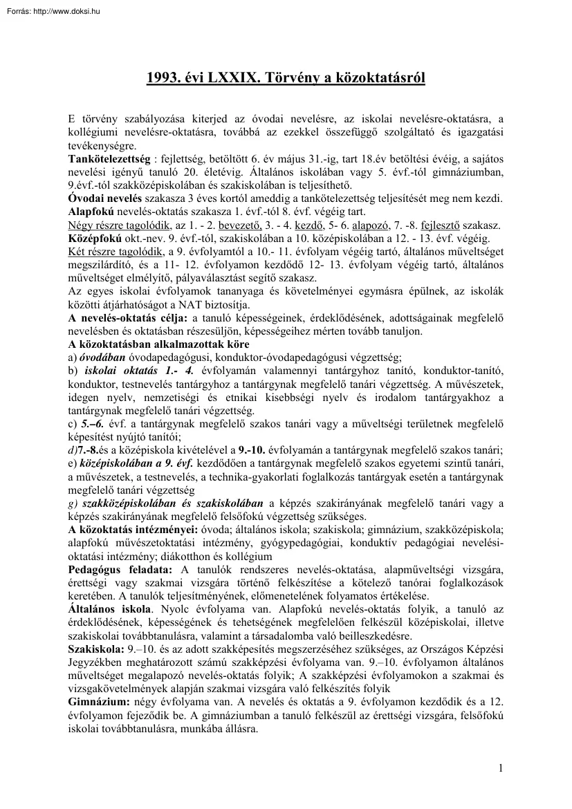 1993. évi LXXIX. Törvény a közoktatásról
