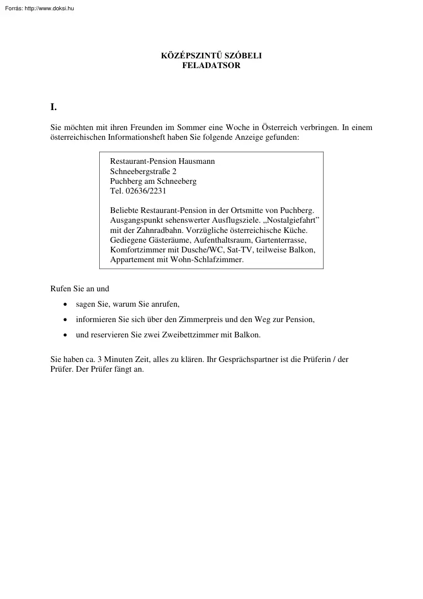 Német középszintű szóbeli érettségi mintafeladatsor, megoldással, 2004