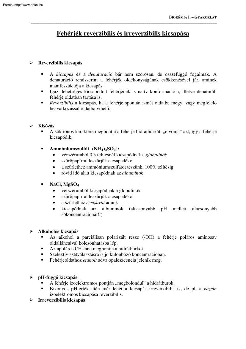 Fehérjék reverzibilis és irreverzibilis kicsapása