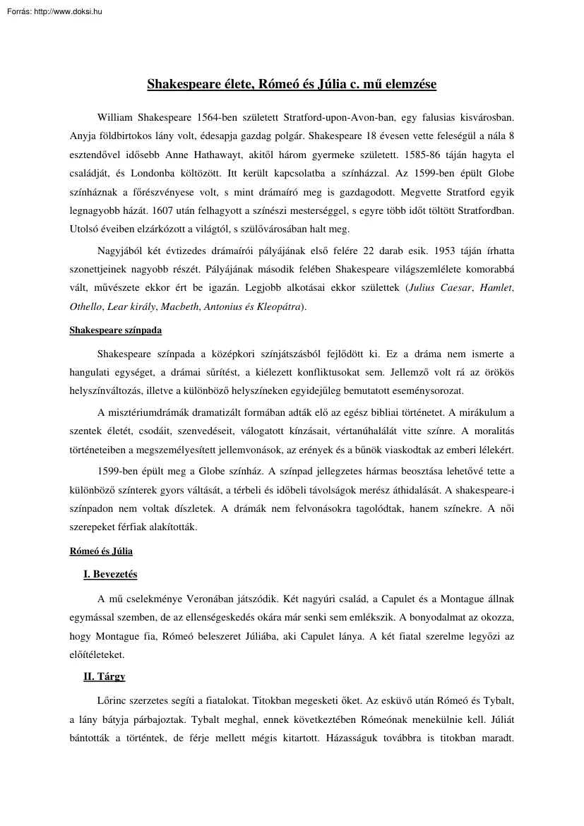 Shakespeare élete, Rómeó és Júlia című művének elemzése