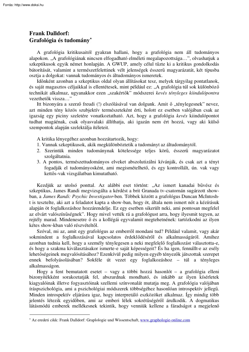 Frank Dalldorf - Grafológia és tudomány