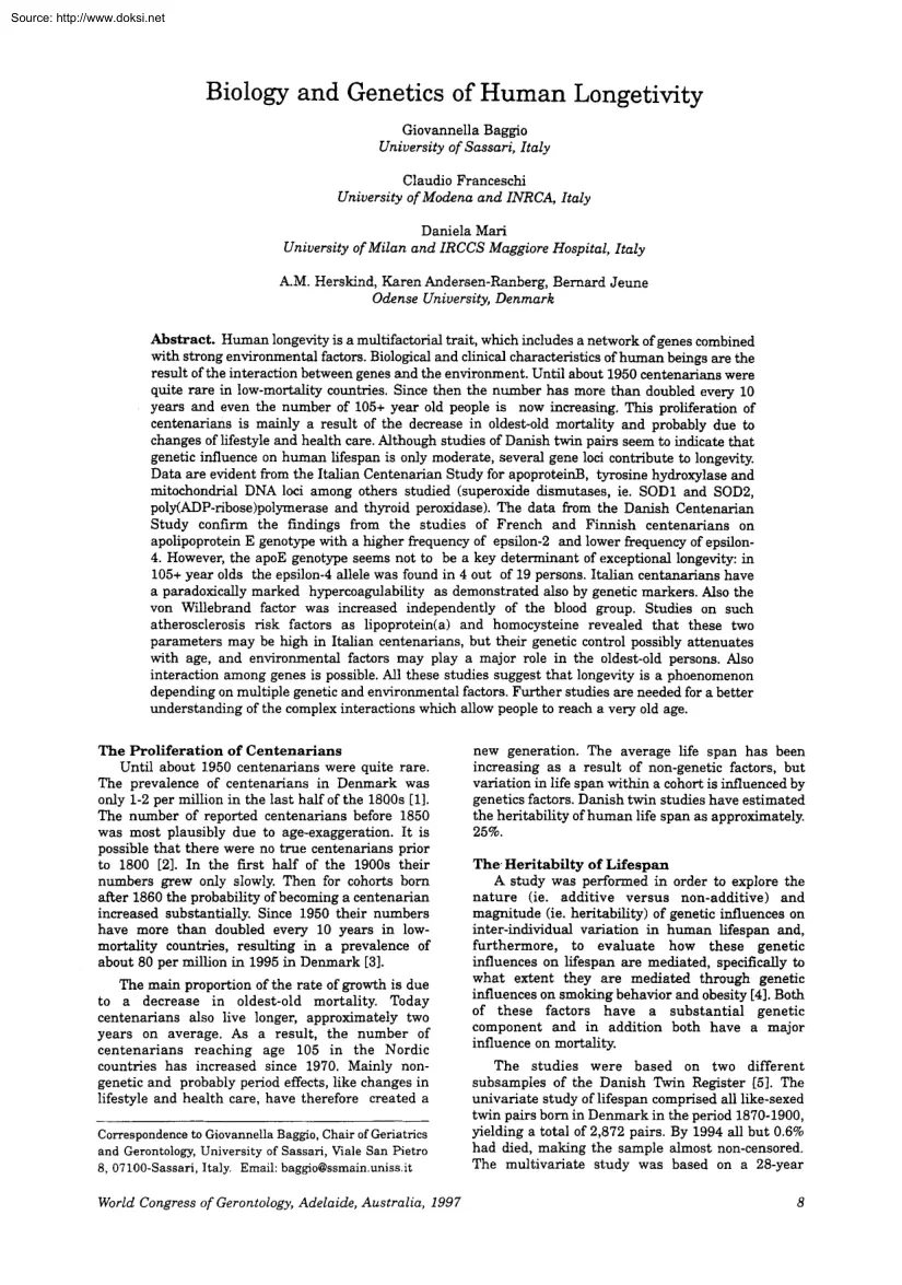 Baggio-Franceschi-Mari - Biology and Genetics of Human Longetivity