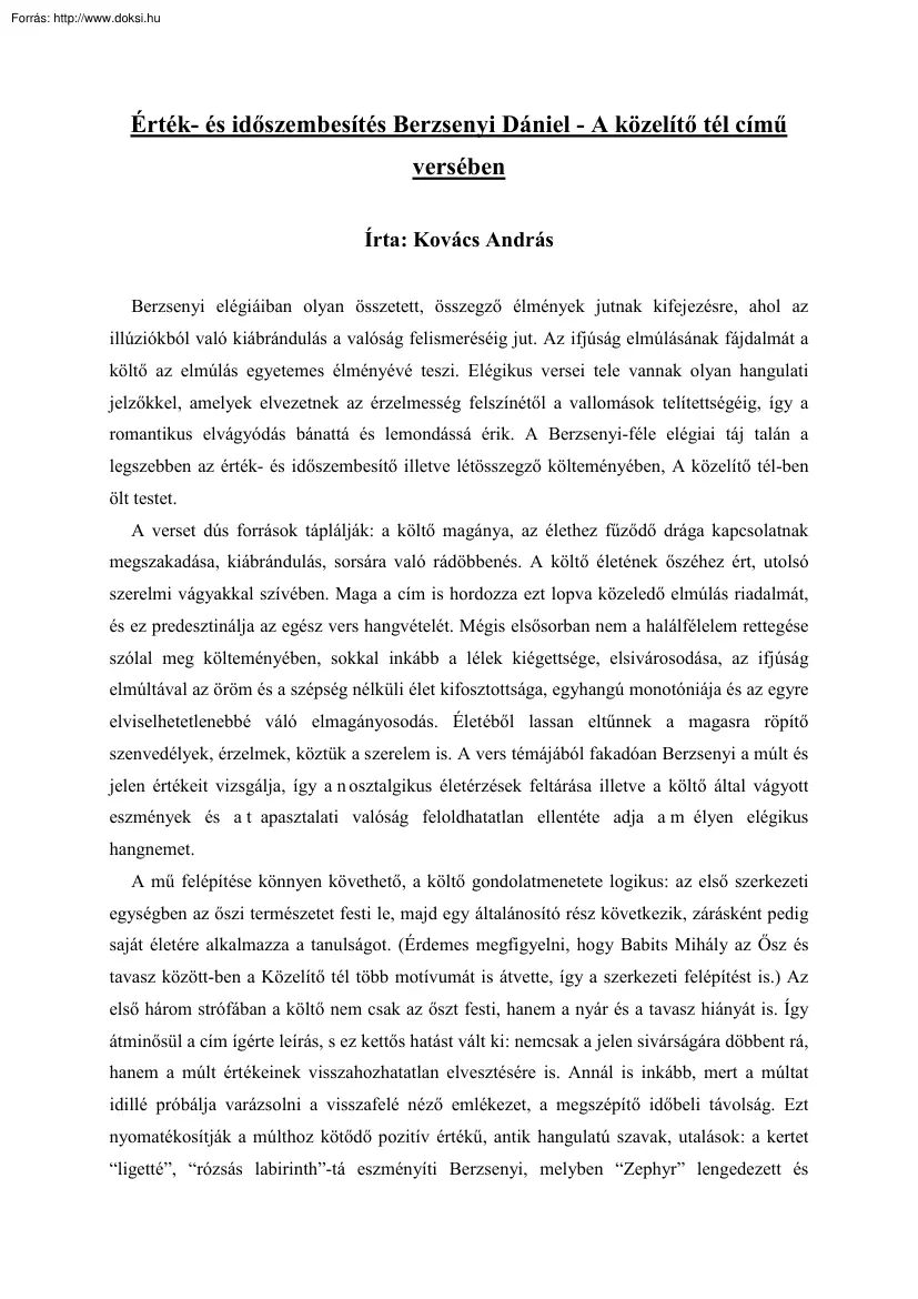 Kovács András - Érték- és időszembesítés Berzsenyi Dániel A közelítő tél című