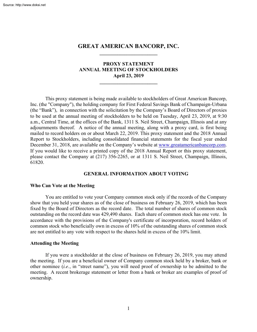Annual Meeting of Stockholders, Great American Bancorp, INC