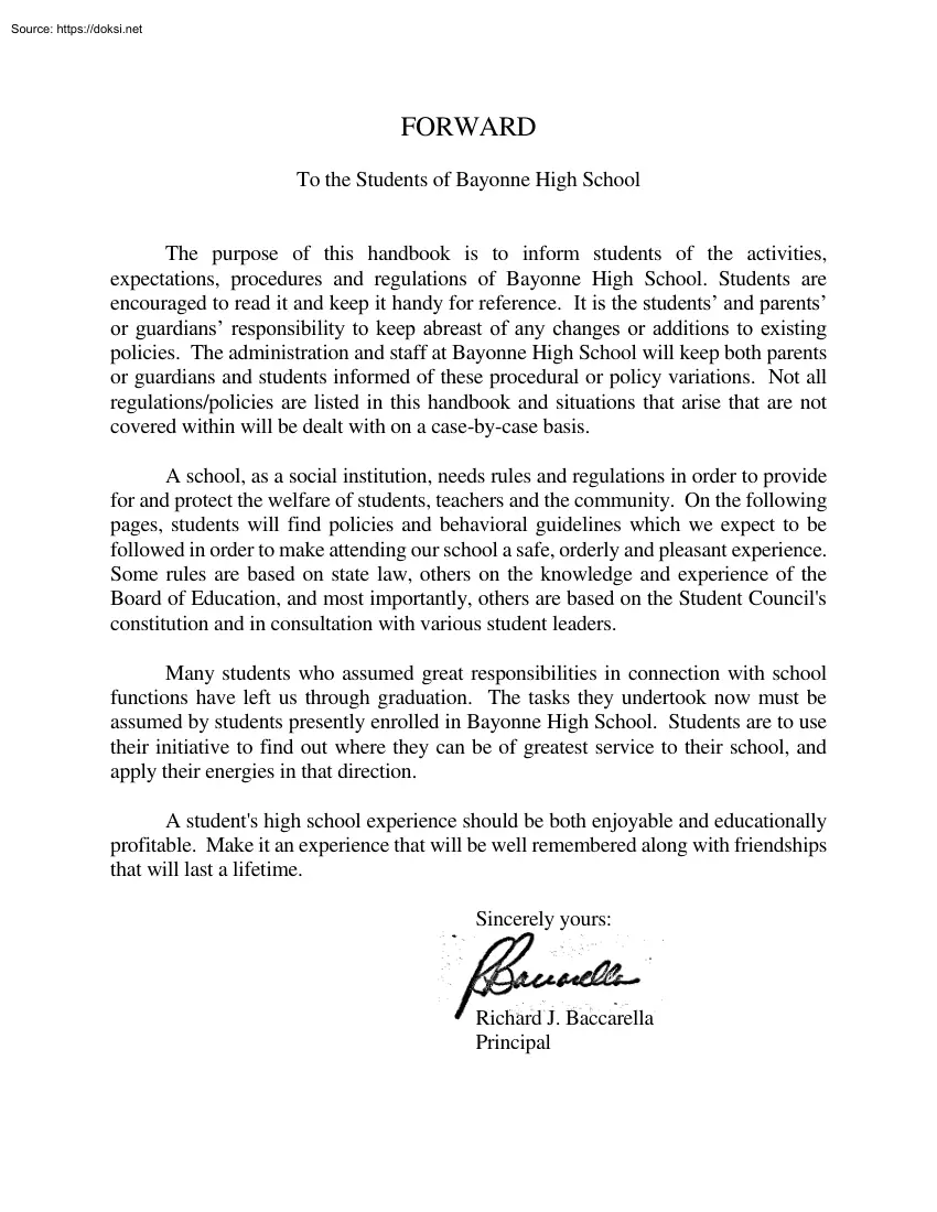 Bayonne High School, Student Handbook