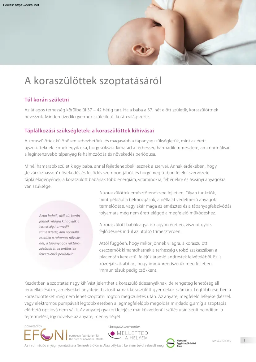 A koraszülöttek szoptatásáról