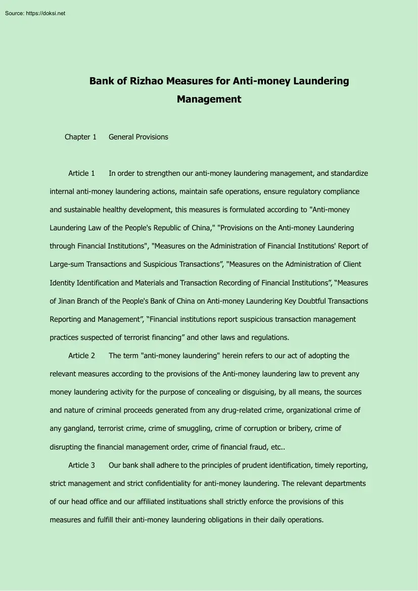 Bank of Rizhao Measures for Anti-money Laundering Management
