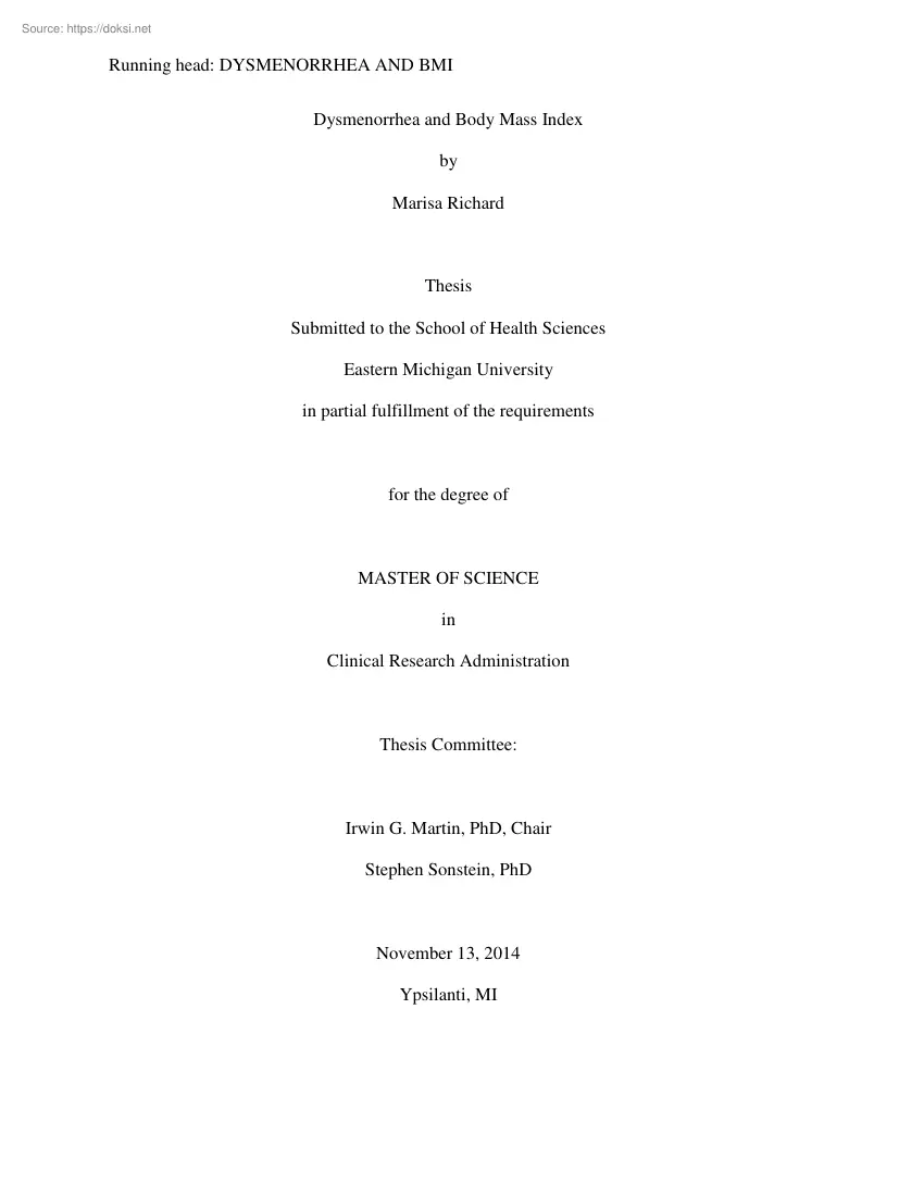Marisa Richard - Dysmenorrhea and Body Mass Index
