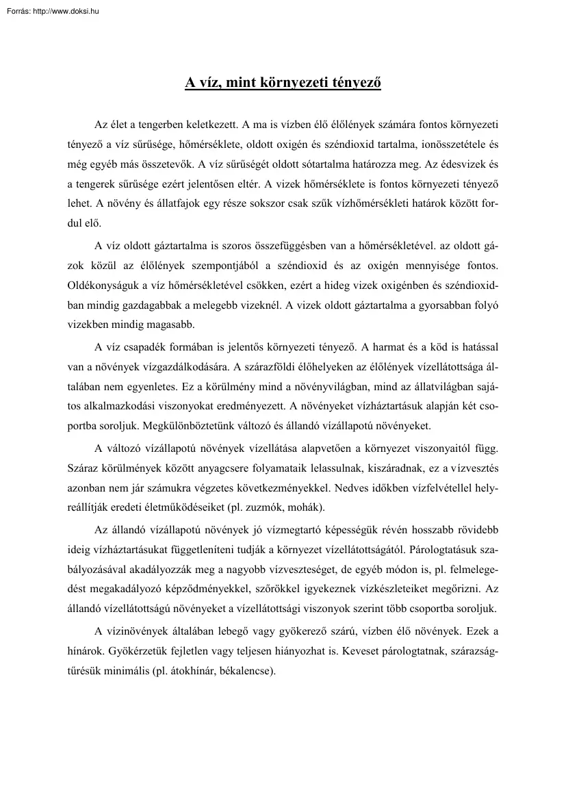 A víz, mint környezeti tényező