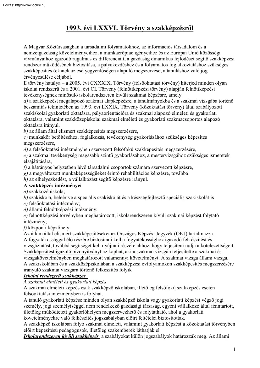 1993. évi LXXVI. Törvény a szakképzésről