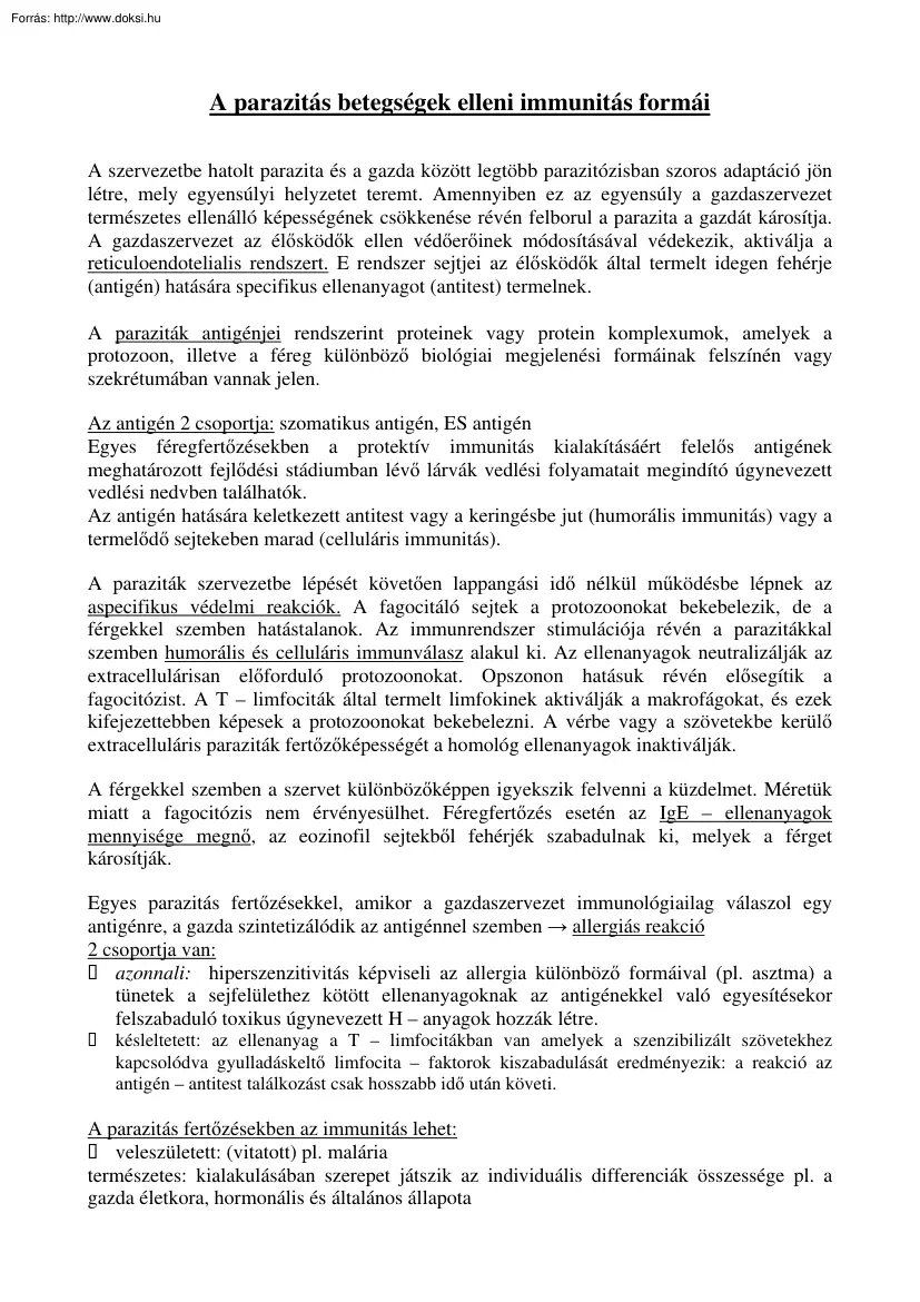 A parazitás betegségek elleni immunitás formái