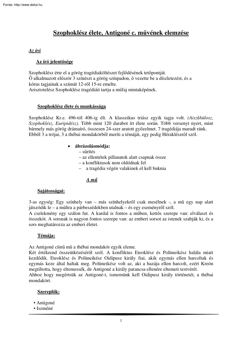 Szophoklész élete, Antigoné című művének elemzése