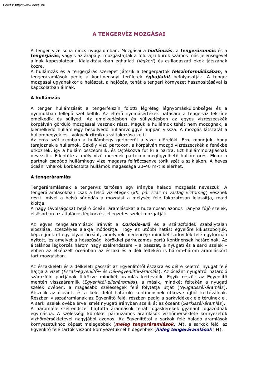 A tengervíz mozgásai
