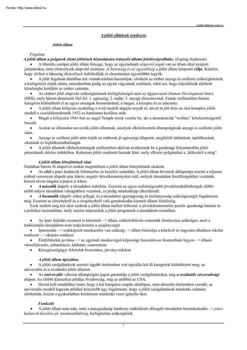 A jóléti ellátások rendszere