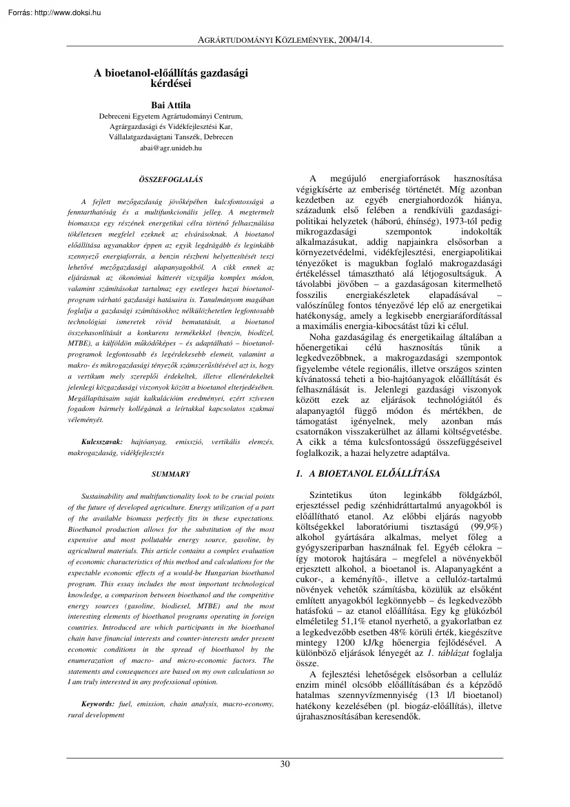 Bai Attila - A bioetanol-előállítás gazdasági kérdései