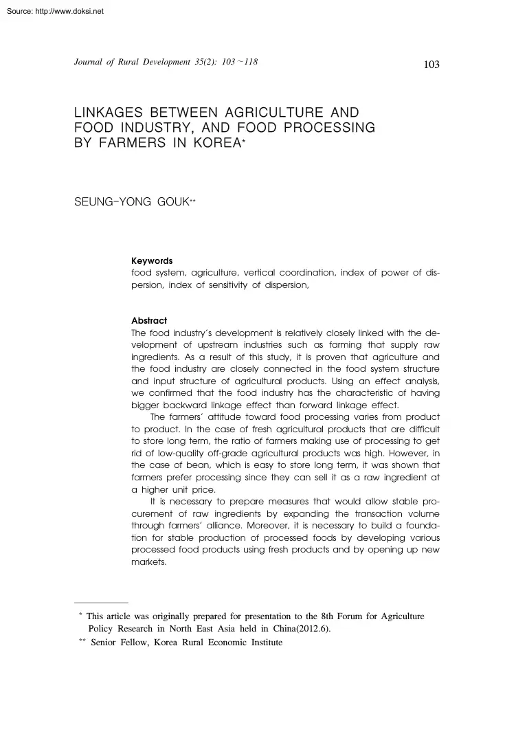 Seung Yong Gouk - Linkages between Agriculture and Food Industry, and Food Processing by Farmers in