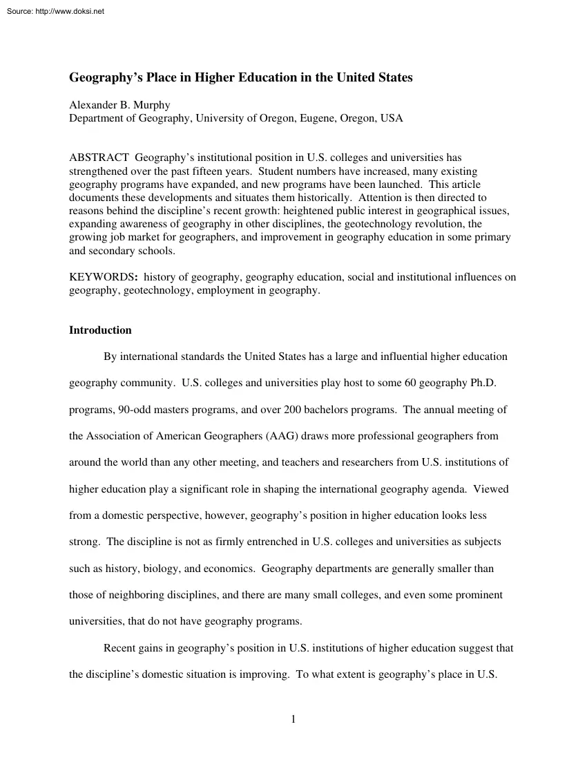 Alexander B. Murphy - Geographys Place in Higher Education in the United States