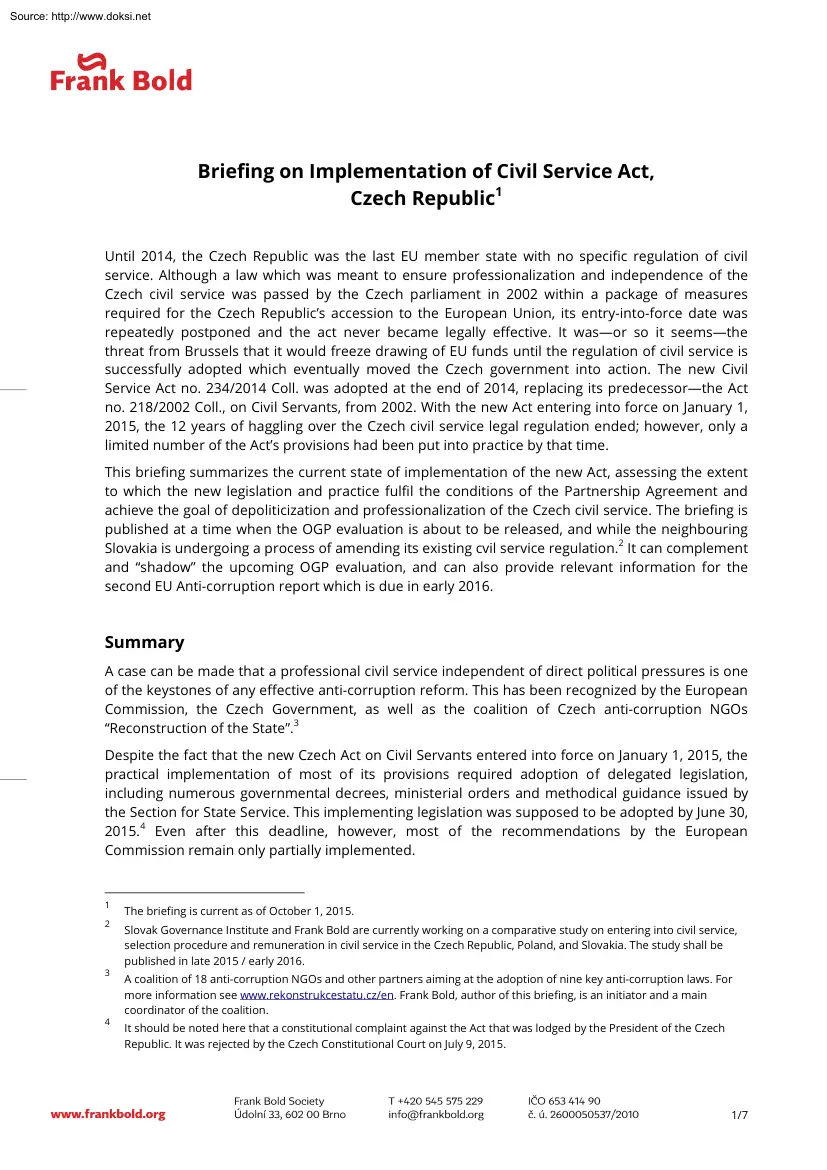 Briefing on Implementation of Civil Service Act, Czech Republic