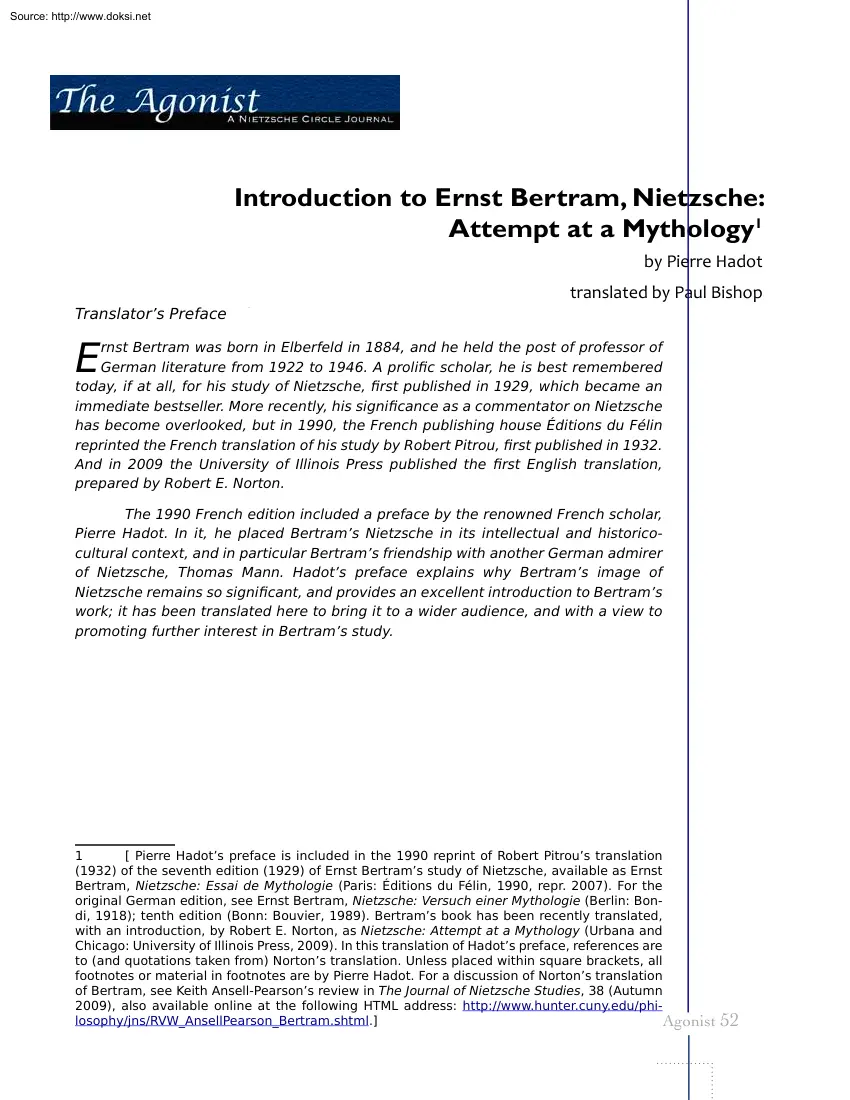 Pierre Hadot - Introduction to Ernst Bertram, Nietzsche, Attempt at a Mythology