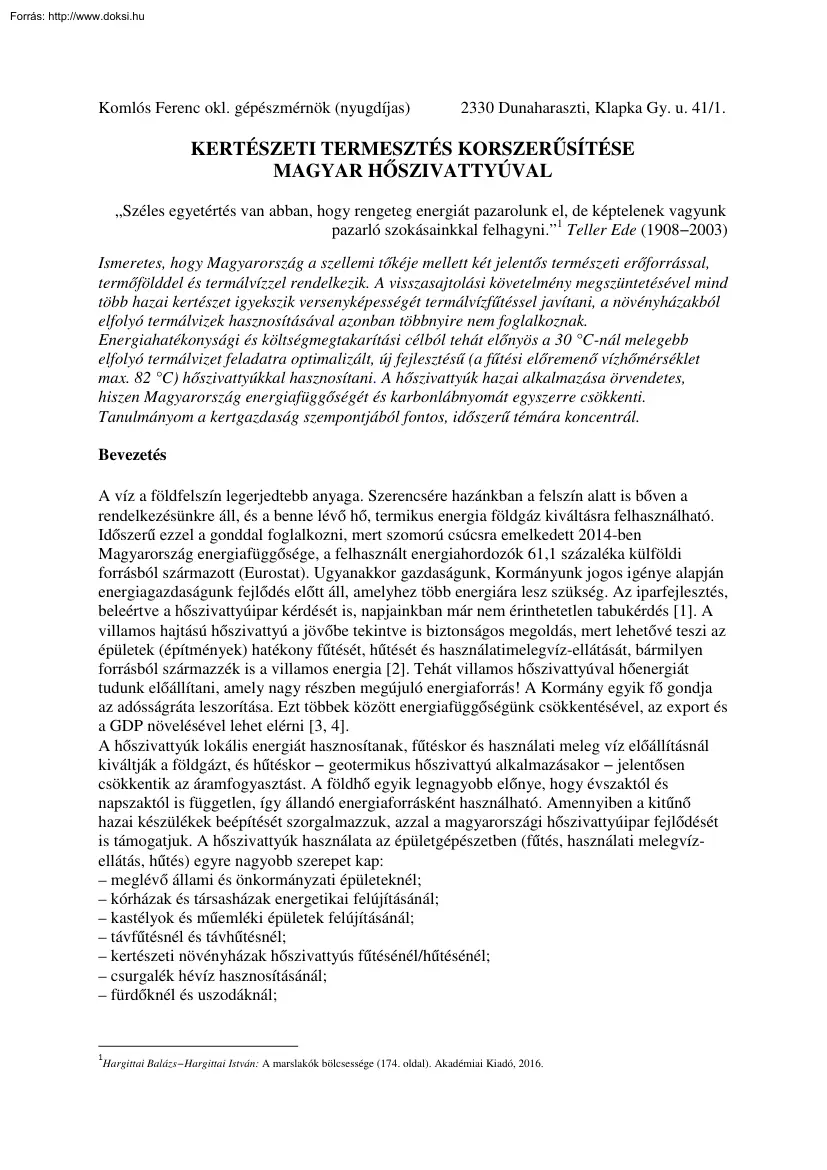 Komlós Ferenc - Kertészeti termesztés korszerűsítése magyar hőszivattyúval