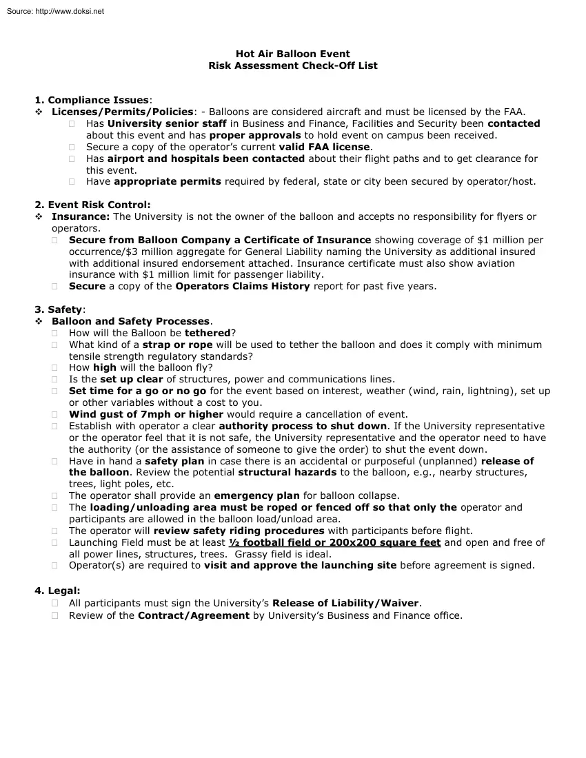 Hot Air Balloon Event Risk Assessment Check Off List