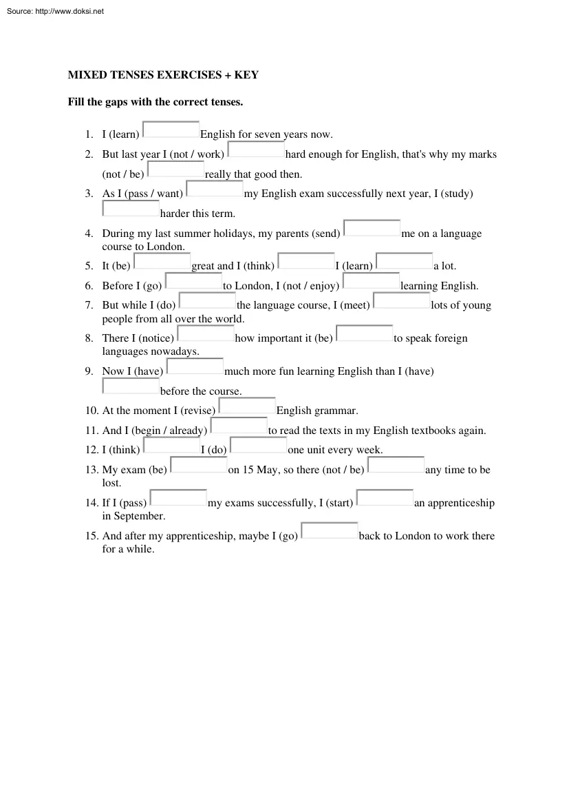 Mixed Tenses Exercises Plus Key