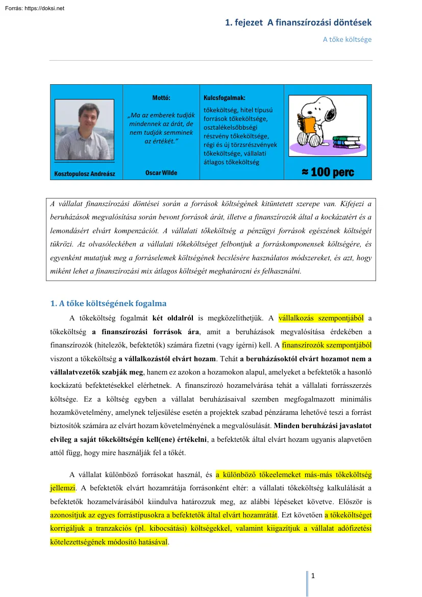 Kosztopulosz Andreász - A finanszírozási döntések