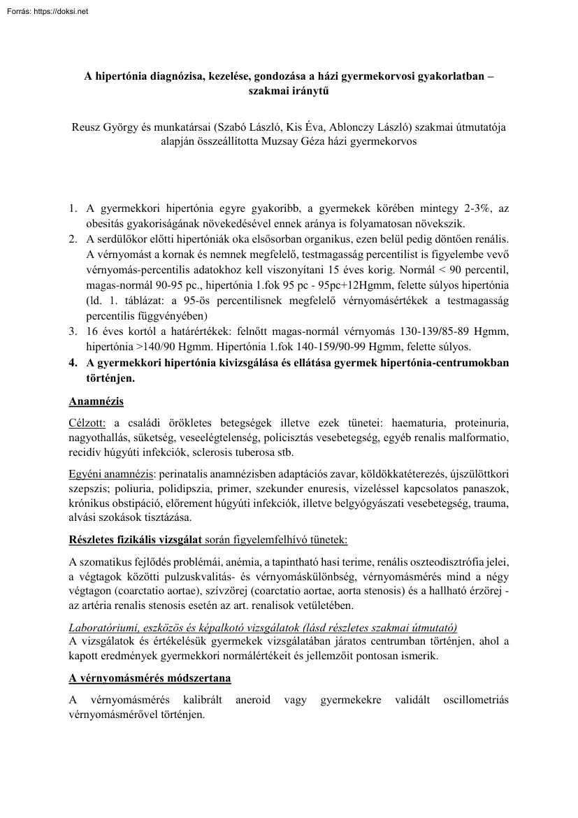 Reusz György - A hipertónia diagnózisa, kezelése, gondozása a házi gyermekorvosi