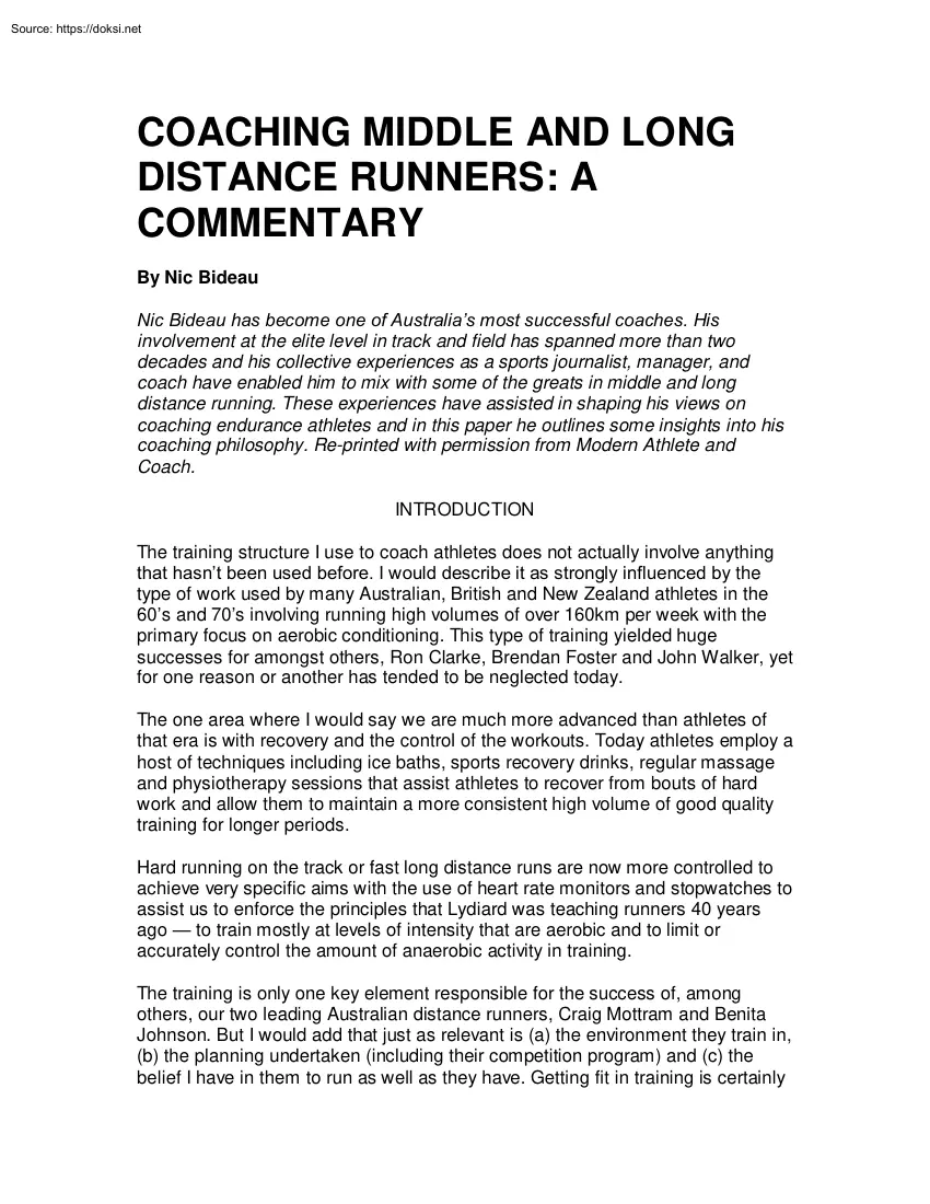 Nic Bideau - Coaching Middle and Long Distance Runners, A Commentary