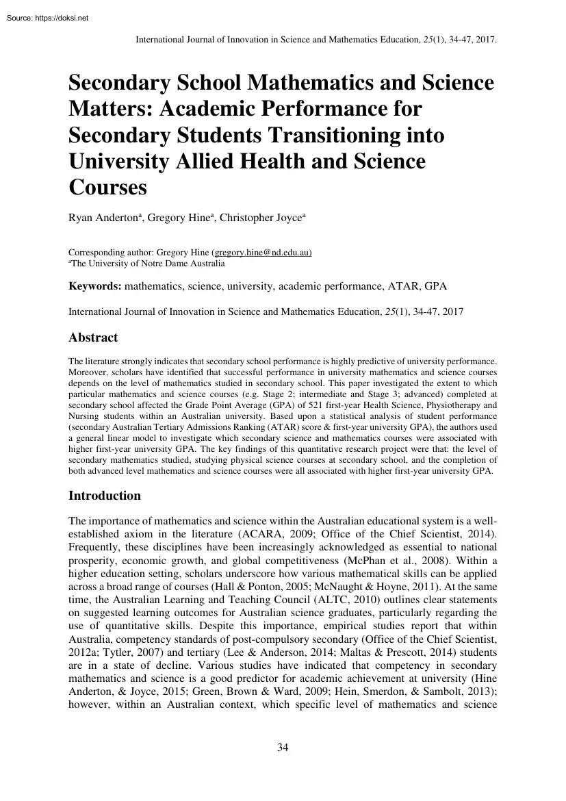 Andertona-Hinea-Joycea - Secondary School Mathematics and Science Matters, Academic Performance for