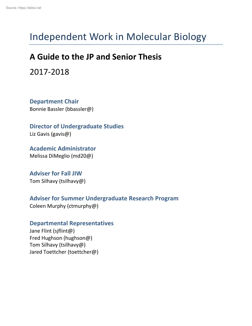 Independent Work in Molecular Biology, A Guide to the JP and Senior Thesis