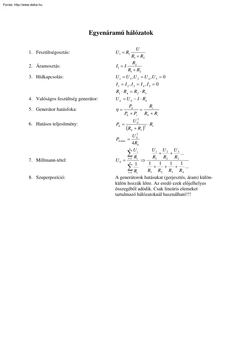 Villamosságtan képletösszefoglalók