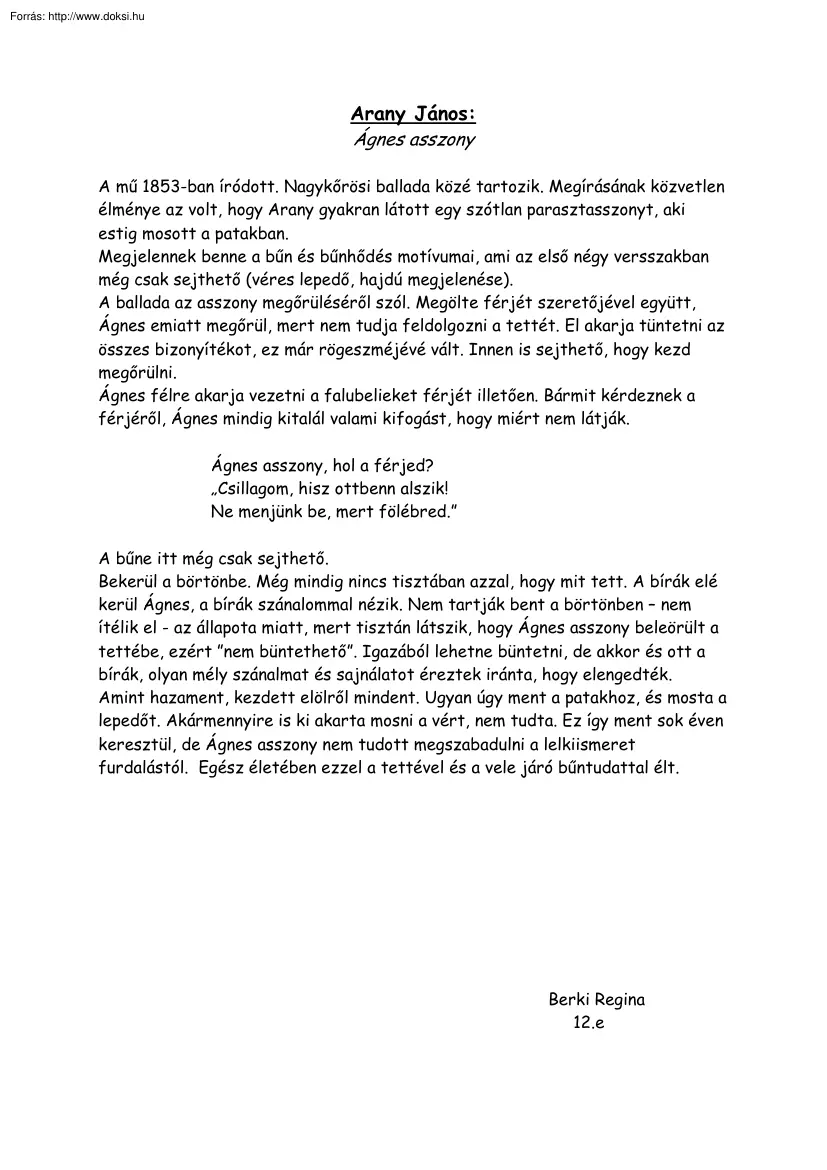 Berki Regina - Arany János Ágnes asszony c. művének elemzése