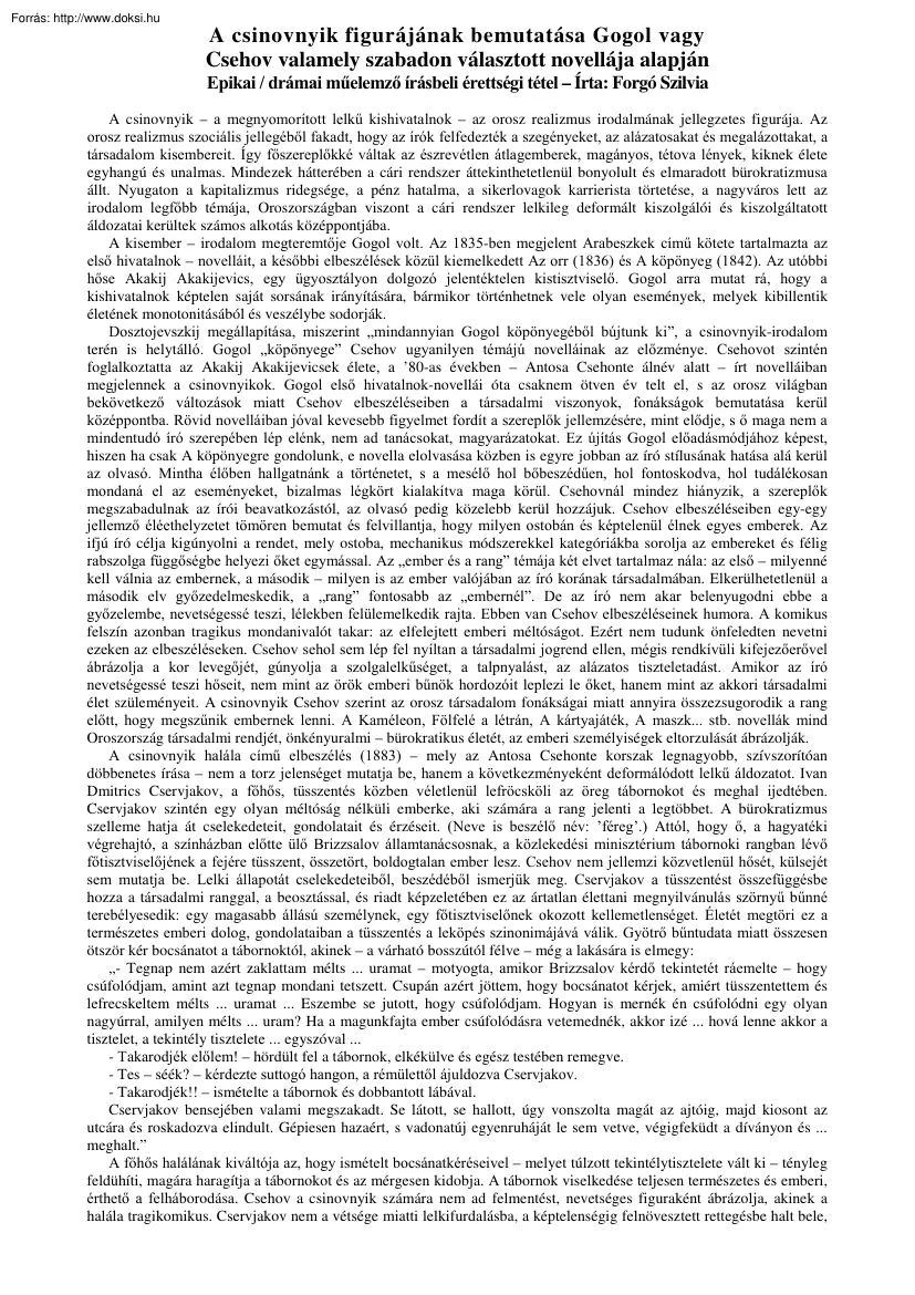 Forgó Szilvia - A csinovnyik figurájának bemutatása Gogol, vagy Csehov valamely műve alapján