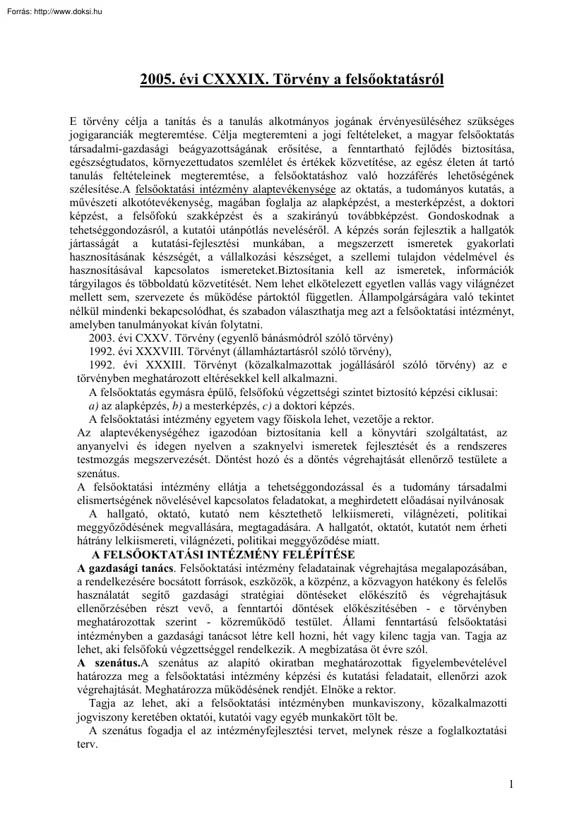 2005. évi CXXXIX. Törvény a felsőoktatásról
