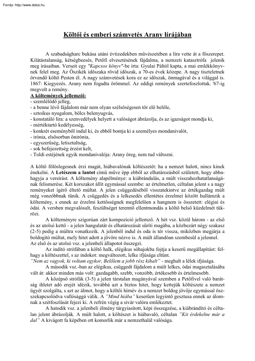 Költői és emberi számvetés Arany lírájában