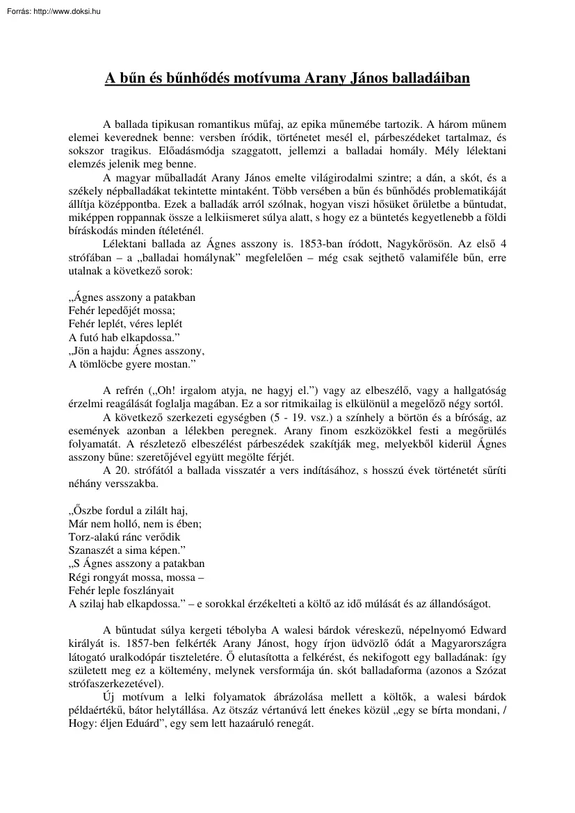 A bűn és bűnhődés motívuma Arany János balladáiban