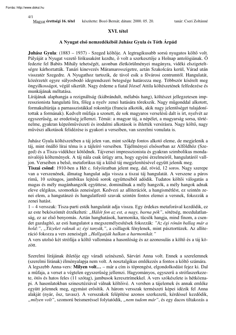 Bozó Bernát - A Nyugat első nemzedékéből Juhász Gyula és Tóth Árpád