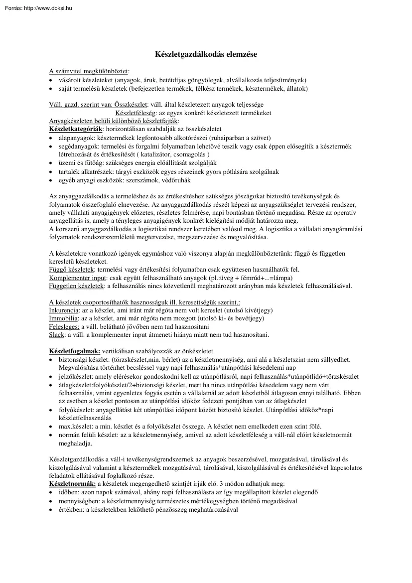 Készletgazdálkodás elemzése