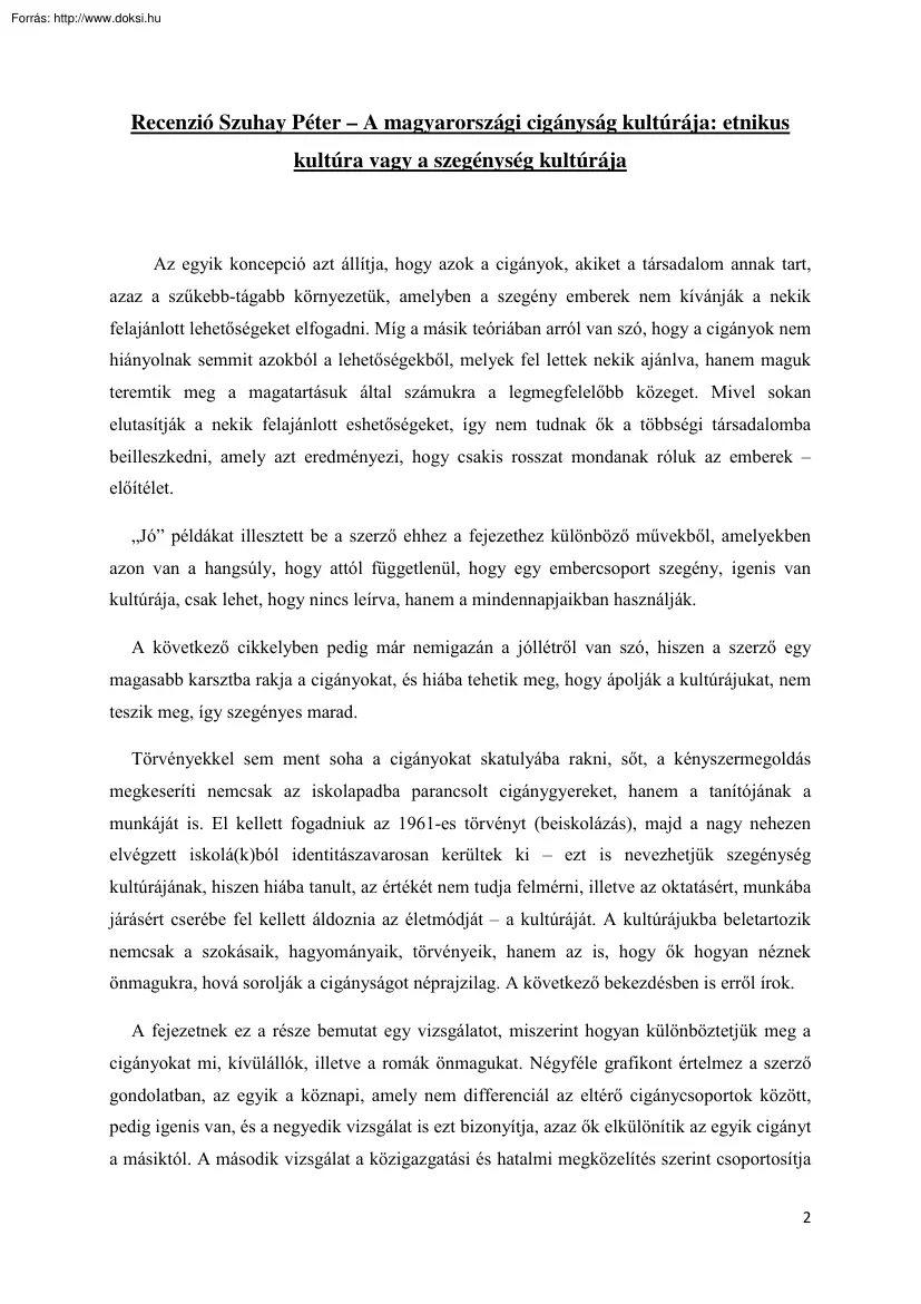 Recenzió Szuhay Péter - A magyarországi cigányság kultúrája, etnikus kultúra vagy a