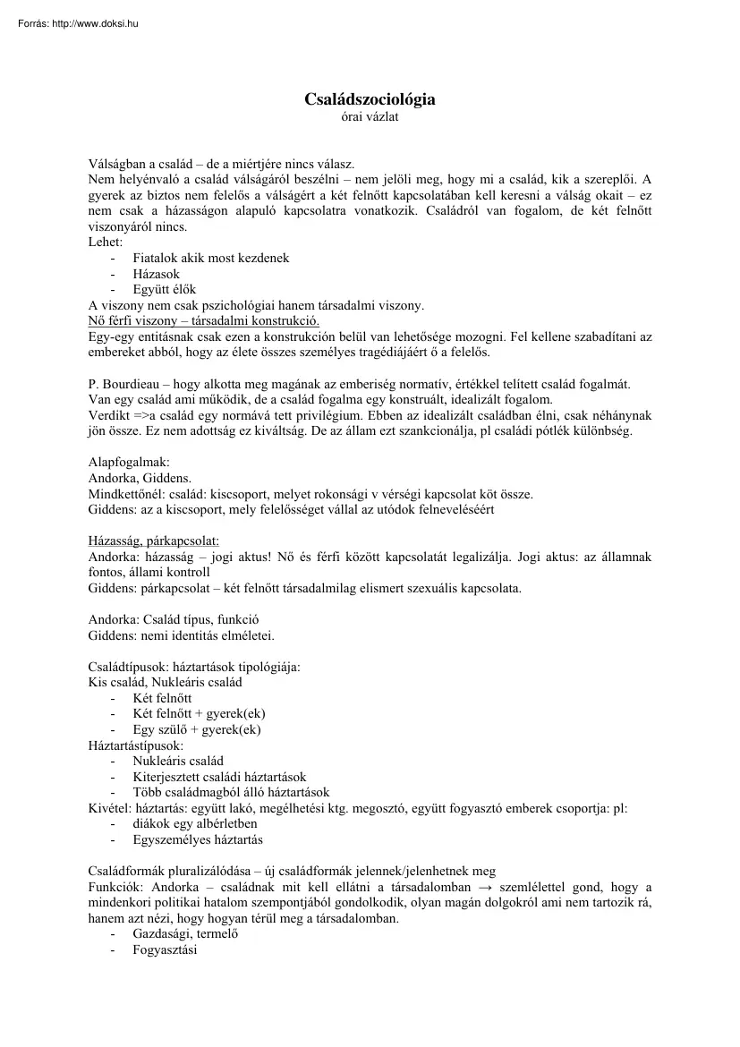 A családszociológiáról, órai jegyzet