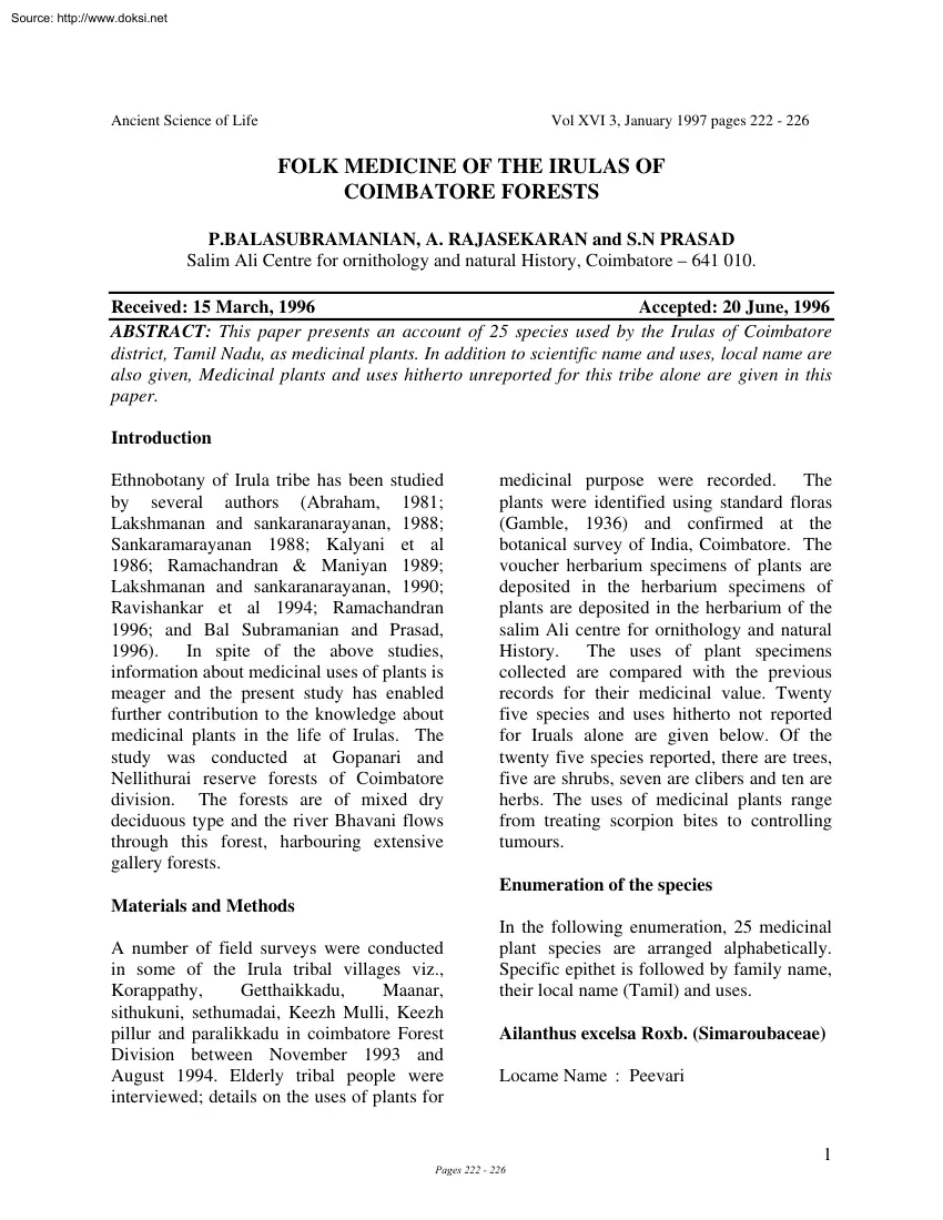 Balasubramanian-Rajasekaran - Folk Medicine of the Irulas of Coimbatore Forests