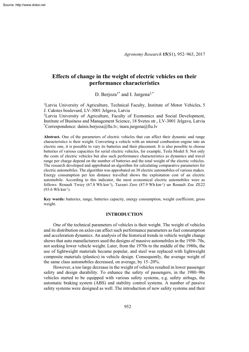 Berjoza-Jurgena - Effects of Change in the Weight of Electric Vehicles on their Performance