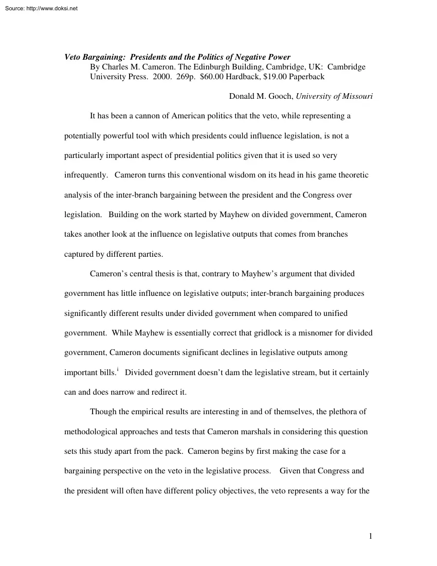 Donald M. Gooch - Veto Bargaining, Presidents and the Politics of Negative Power