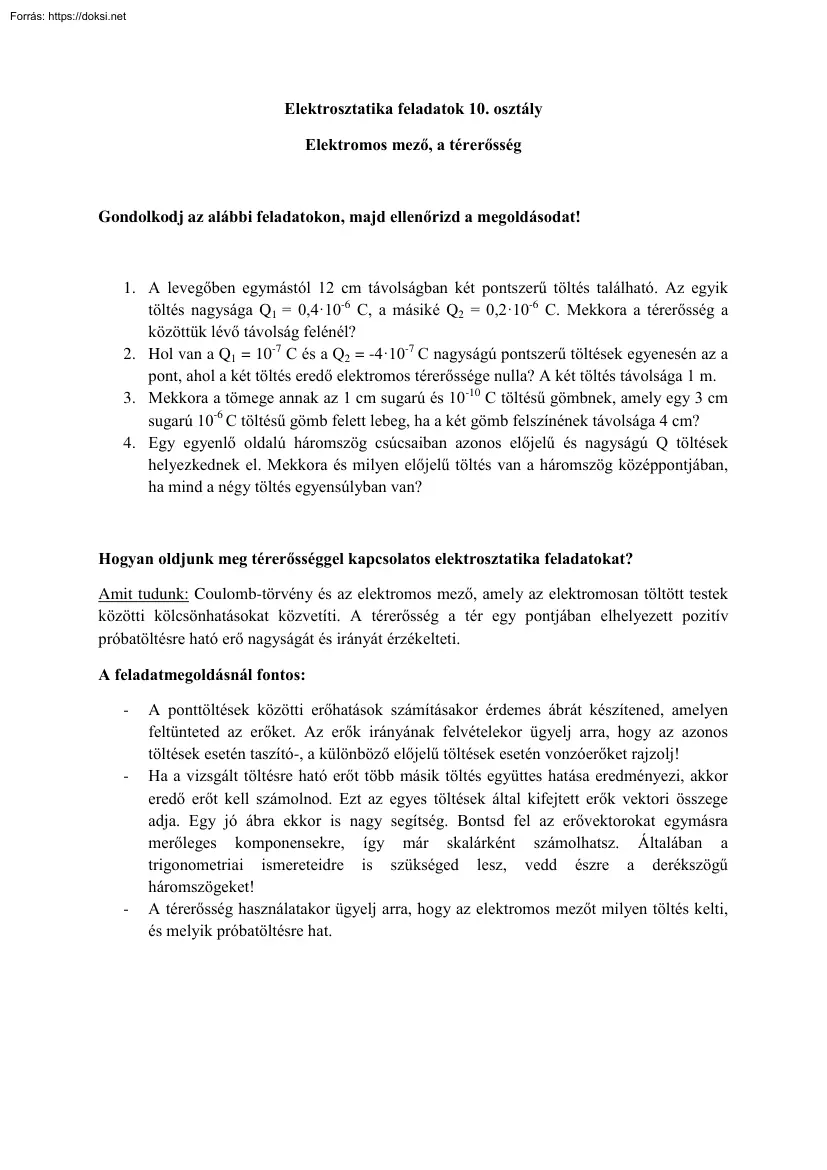 Elektrosztatika feladatok 10. osztály, Elektromos mező, a térerősség