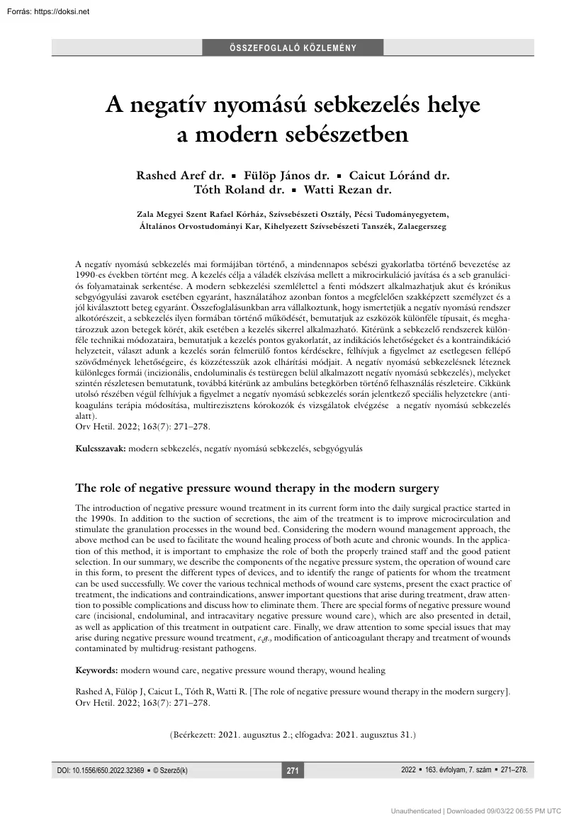 A negatív nyomású sebkezelés helye a modern sebészetben