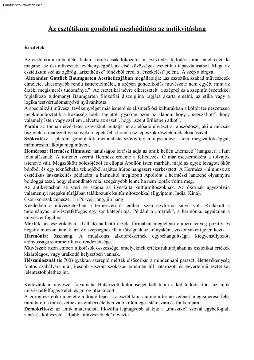 Az esztétikum gondolati meghódítása az antikvitásban