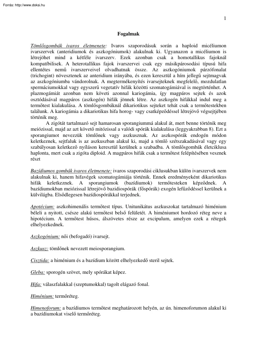 Mikológia (Gombák) fogalmak