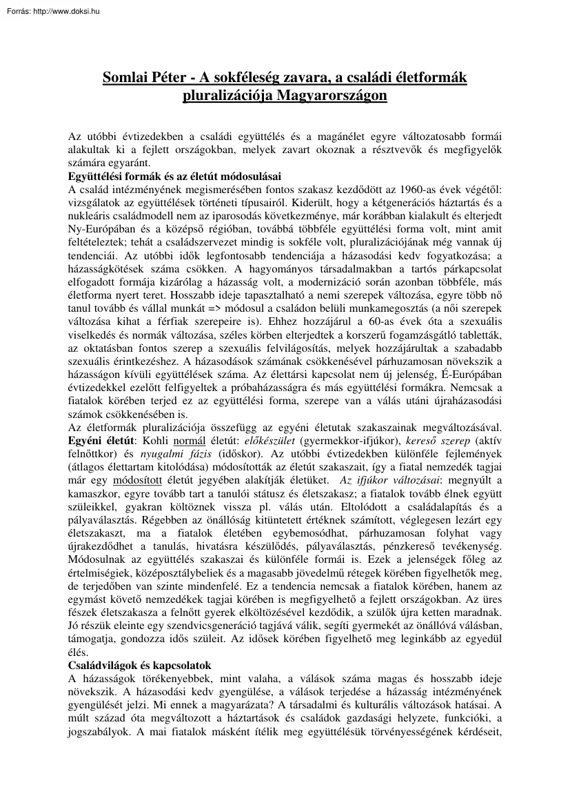 Somlai Péter - A sokféleség zavara, a családi életformák pluralizációja Magyarországon