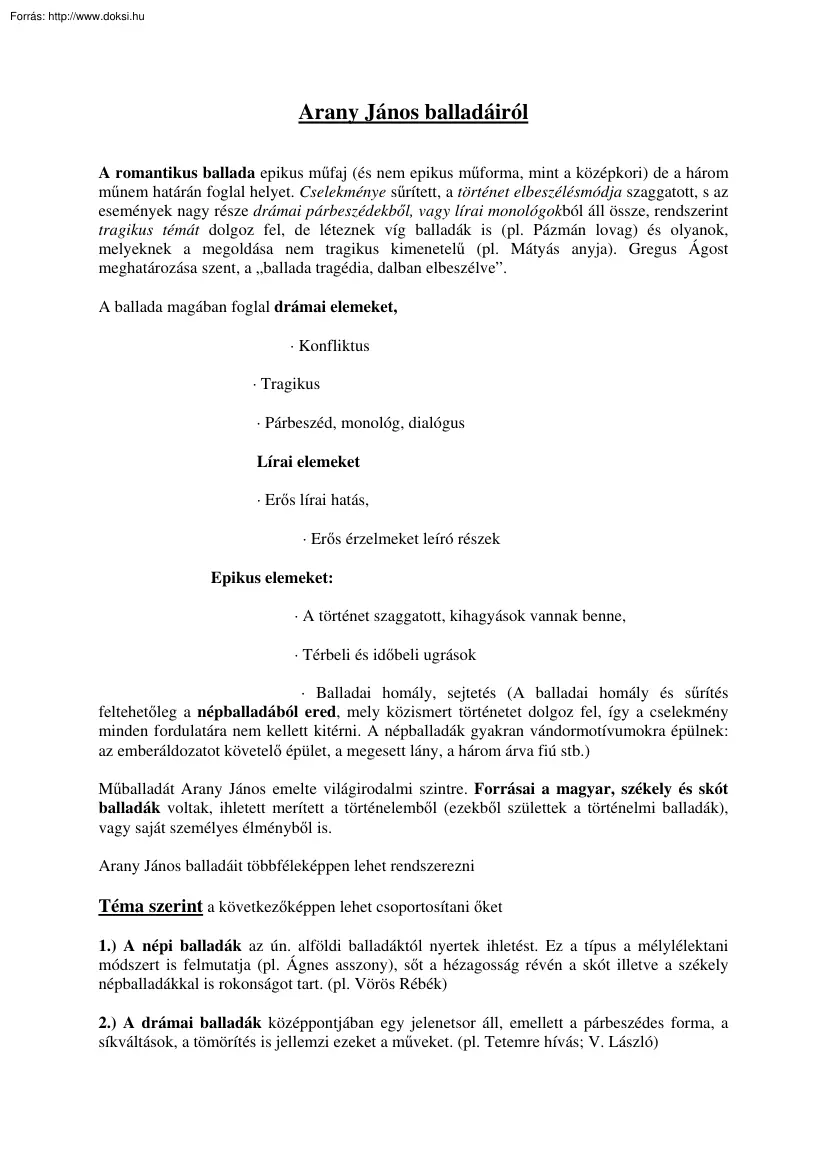 Arany János balladáiról